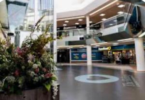 a shopping mall with flowers in the middle of the floor at KGA4 - Kazi Court in Wakefield