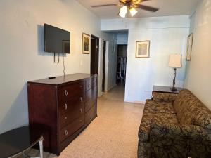 sala de estar con sofá y TV de pantalla plana en 3BR, 1BA in Cepeda, Up to 20 Guests near Ocean Park Beach, en San Juan