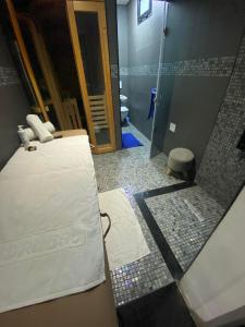 La salle de bains est pourvue d'un lit, d'une douche et d'un miroir. dans l'établissement Merveilleuse villa luxe privée, à Tunis