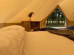 um quarto com uma tenda com 2 camas e uma mesa em The Elm: Luxury Bell Tent with private bathroom em Toppesfield