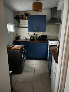 a kitchen with blue cabinets and a washing machine at Trendy artisan cottage in Stoneybatter near Dublin City centre in Dublin