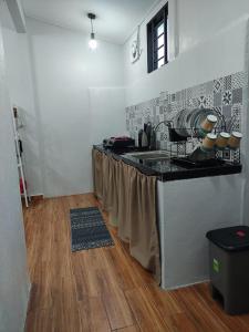 uma cozinha com um lavatório e uma bancada em Maileyna Homestay 1.0 em Alor Setar