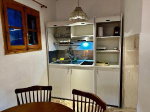 a kitchen with a refrigerator with a sink and a table at Villa Kadafi in Agios Gordios