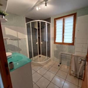 La salle de bains est pourvue d'une douche et d'un lavabo. dans l'établissement Gite De La Mortagne, à Mortagne