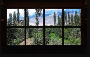 a window with a view of a field of trees at Yazgar Residency Skardu in Skardu