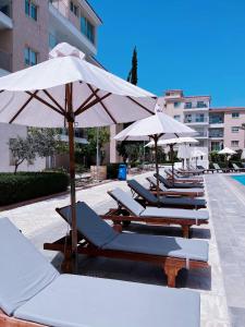 a row of lounge chairs and umbrellas next to a pool at Elysia Park in Paphos City