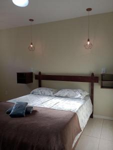 een slaapkamer met een groot bed met 2 verlichting bij HoStel de Setiba - HOSPEDARIA OCA RUCA in Guarapari