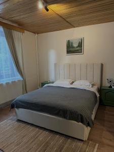 a bedroom with a large bed in front of a window at Paltin Evergreen Garana in Gărâna