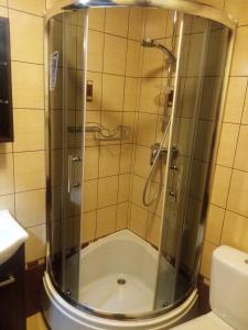 een douche met een glazen deur in de badkamer bij Apartament Rosso in Kielce