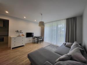 a living room with a gray couch and a table at Tarp Pušų - Jaukūs apartamentai - 15 min iki jūros in Palanga