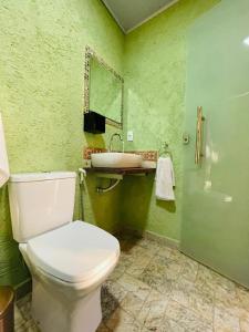 baño verde con aseo y lavamanos en Rancho Ubuntu en Brumadinho