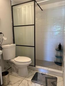 a bathroom with a toilet and a glass shower stall at Spacious Unit with 5BR, 3BA Perfect for Big Groups, Near Ocean Park Beach in San Juan