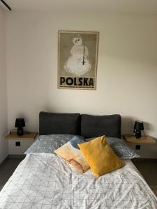 a bedroom with a bed and a picture on the wall at Apartament w Dolinie Sanu 1 in Lesko