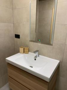 a bathroom with a white sink and a mirror at Apartament w Dolinie Sanu 1 in Lesko