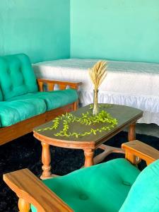 a living room with a table and a green couch at Casa do Edi in Bananeiras