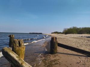 a beach with wooden posts in the sand and water at Gdynia Apartament Torpedownia in Gdynia