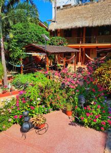 a garden with flowers and a teddy bear in front of a building at Hotelito Swiss Oasis -Solo Adultos - Adults only in Puerto Escondido