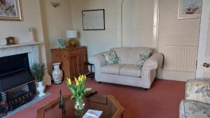 a living room with a chair and a fireplace at Ashleigh House in Torquay