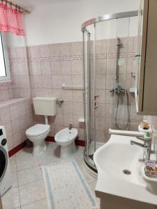 y baño con aseo, ducha y lavamanos. en Apartman Jadranka, en Veli Lošinj