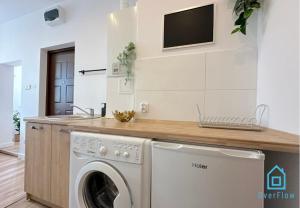a laundry room with a washing machine and a sink at Birch Studio in Gdańsk