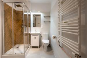 La salle de bains est pourvue de toilettes et d'une douche en verre. dans l'établissement Útulný byt s designovou rekonstrukcí, à Prague