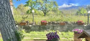 una valla con flores y una montaña en el fondo en Corte Magnano, en Ragalna