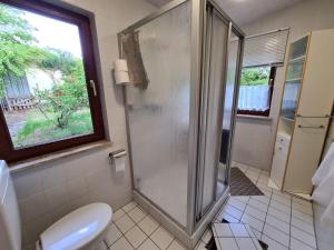 a bathroom with a shower with a toilet and a window at Gemütliches Ferienhaus mit Kamin in idyllischer Waldrandlage 
