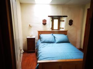 a bedroom with a bed with blue pillows at L'Olive in Saint-Bazile