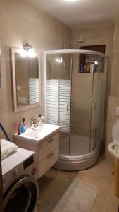 een badkamer met een douche en een wastafel bij Holiday Apartment in Budva