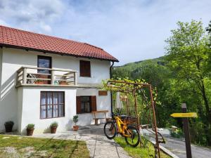a bicycle parked in front of a house at Čukova bajta in Most na Soči