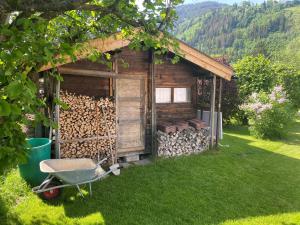 un capannone con un mucchio di legno accanto a una carriola di Chalet Panoramablick Zell am See a Zell am See
