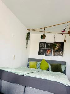 ein Bett in einem Schlafzimmer mit Bildern an der Wand in der Unterkunft Blühendes Balkonwohnung mit Traumaussicht in Saarbrücken + 14 Fotos