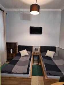 uma sala de estar com duas camas e uma televisão em Górnośląska 19 em Zawiercie