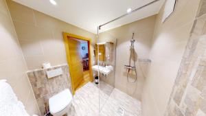 ein Badezimmer mit Dusche, Toilette und Waschbecken in der Unterkunft Alpine Style Kaprun in Kaprun