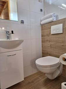 a white bathroom with a toilet and a sink at Domek we Władku in Władysławowo