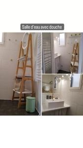 three pictures of a bathroom with a sink and a mirror at Chaleureux Chalet Lac Roussinas in Anglès