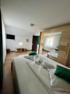 Habitación grande con 2 camas y TV. en Casa Munții Rodnei, en Borşa
