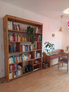 a book shelf filled with books in a room at Schöne helle Wohnung mit Whirlpoolbadewanne in Graz