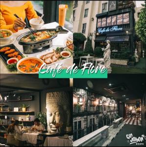 Un collage de fotos de un restaurante con comida. en Mahjong theatre Austin, en Johor Bahru