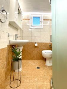 a bathroom with a sink and a toilet at Georgias Brighthouse in Néa Kerasoús +14 photos