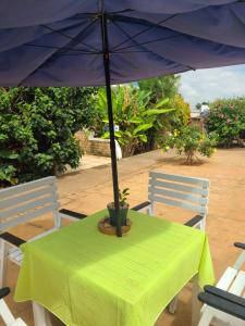 een tafel met een groene tafelkleed en een paraplu bij Hotel Les Cygnes in Antananarivo