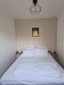 1 cama blanca grande en un dormitorio con luz en Les renardeaux, spa privatif, proche Gerardmer en Le Tholy