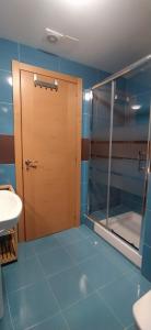 La salle de bains est pourvue d'une douche et d'une porte en bois. dans l'établissement Apartamento Punta Gábalo, à Broto