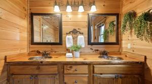 ブルーリッジにあるOverlook Cabinの洗面台が2つと鏡が2つあるバスルーム +36枚の写真