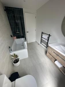 uma casa de banho branca com um lavatório e um WC em Mountain View Escape em Frankton