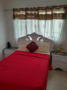 een slaapkamer met een groot bed en een rood dekbed bij Se alquila apartamento amueblado en el centro de la ciudad in La Romana