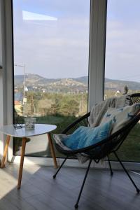 a chair and a coffee table in front of a window at Vila Onyx in Divčibare