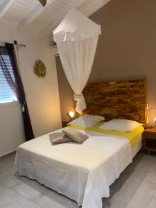 1 dormitorio con 1 cama blanca grande con red en Chez BIBI, en Grand-Bourg