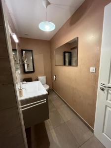 ein Bad mit einem Waschbecken und einem WC in der Unterkunft Studio 1 avec piscine & vue sur la baie d'Ajaccio in Alata