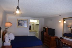 een slaapkamer met een bed, een bureau en een televisie bij Knights Inn Farmington Hills in Farmington Hills